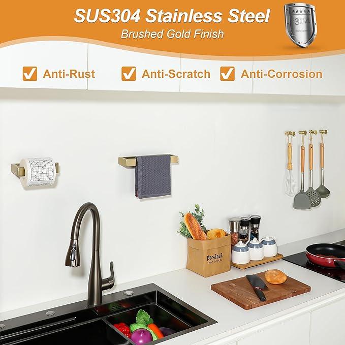 SAYAYO 6-Piece Bathroom Hardware Set Gold, Includes 10 Inch Towel Bar, Toilet Paper Holder & 4Pcs Coat Hooks Wall Mount, Towel Racks for Bathroom Accessories Set SUS304 Stainless Steel - ModernBath