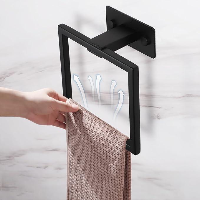 LANC Hand Towel Holder for Bathroom Wall Mount Matte Black Square Self Adhesive Hand Towel Rings for Bathroom Hardware Accessories Kitchen Toilet Stainless Steel Towel Hanger Racks, A8396MB - ModernBath