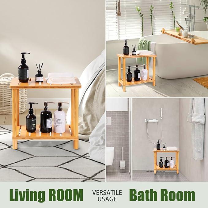 Bamboo Shower Bench Stool, Shower Stool for Inside Shower with Storage Shelf, Waterproof Shower Chair Spa Bath Seat, Bathroom Bench Seat for Adults for Indoor or Outdoor Use. - ModernBath