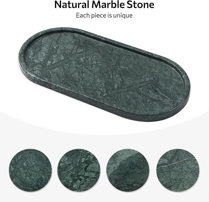 Faticdorr Green Marble Tray, 2 Pcs, Marble Vanity Tray, Bathroom, Decor for Trinket Perfume Jewelry Candle, 12 Inch Oval - ModernBath