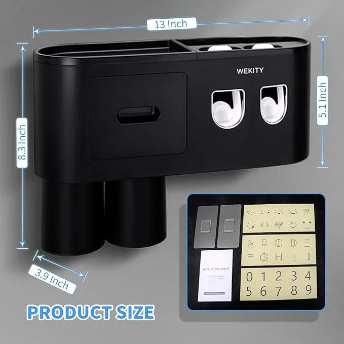 Multifunctional Wall-Mounted Toothbrush Holder, Automatic Toothpaste Dispenser Space Saving Toothbrush and Toothpaste Holder, with 2 Cups and Drawers Cosmetic Organizer (Black 2 Dispensers) - ModernBath