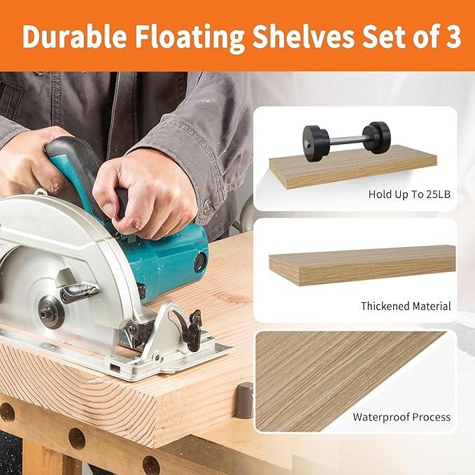 Floating Shelves for Wall Set of 3, 16" Light Brown Wood Wall Shelves for Home Decor, Frame Display Floating Shelf for Living Room, Bedroom, Bathroom, Kitchen - ModernBath