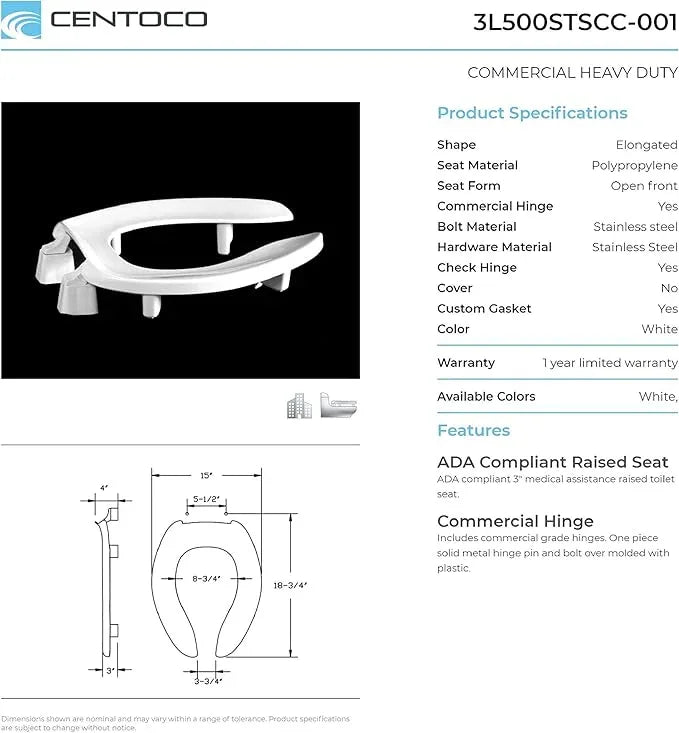 Centoco 3 inch Raised Toilet Seat for Seniors, Elongated, Open Front No Cover, Plastic, Made in the USA, 3L500STSCC-001, White - ModernBath