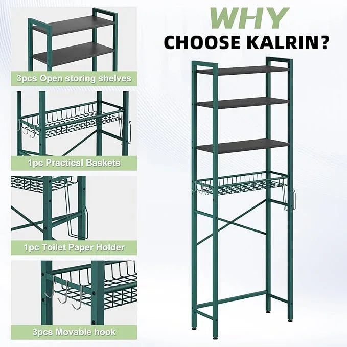 Over-The-Toilet Storage Rack, 4-Tier Bathroom Organizer Shelf Over Toilet with Adjustable Shelf and Basket, Freestanding Space Saver Bathroom Shelves Above Toilet for Room (Green- Black) - ModernBath