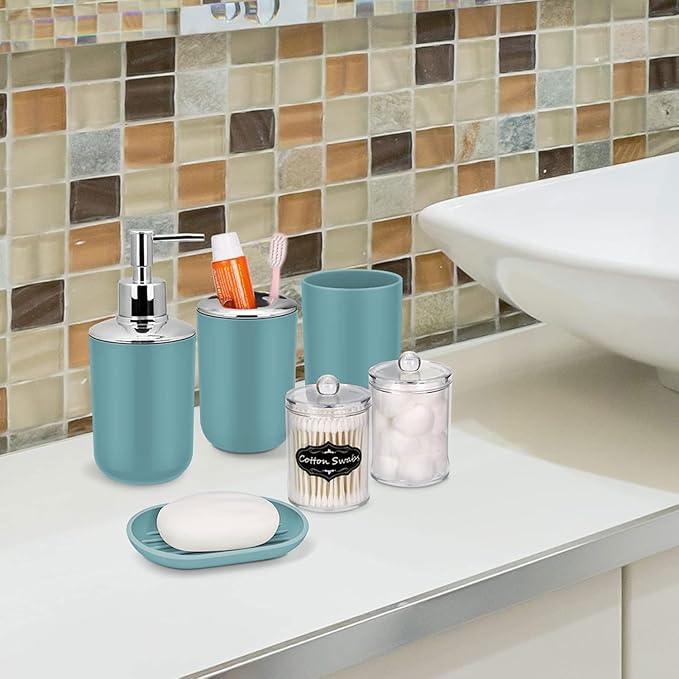 IMAVO Bathroom Accessories Set,Blue Bathroom Set,9 Pieces Bathroom Accessory Set,Tray,Qtip Holders,Toilet Brush,Trash Can for Bathroom Décor and Home Gifts - ModernBath