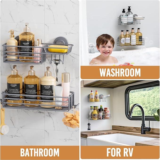 LEVERLOC Shower Caddy Suction Cup, 2 Pack Shelves for Inside with Hooks and Soap Holder, NO-Drilling Bathroom Holder, Rustproof Meatl Bathroom Organizer, Grey - ModernBath