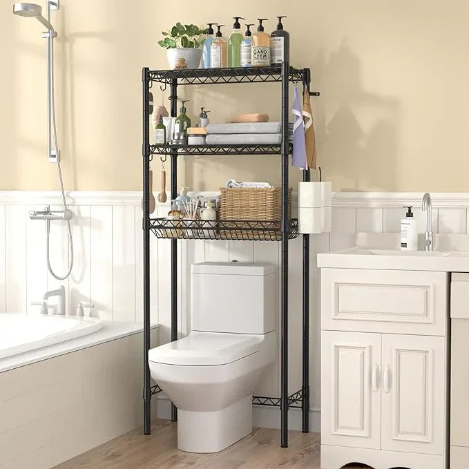 Hodonas Over The Toilet Storage Shelf, Adjustable Bathroom Organizer with Toilet Paper Holder & 8 Hooks, 3 Tier Sturdy Metal Space Saver for Bathroom/Kitchen, Easy Assembly Above Toilet Shelf, Black - ModernBath