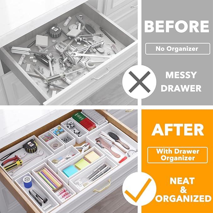 SpaceAid 14-Piece Bamboo Drawer Organizer Storage Boxes Set, Wood Tray Junk Drawer Organizers Multi-Use Divider Bins for Kitchen, Bathroom, Office Desk and Makeup Organization (14 Pack, White) - ModernBath