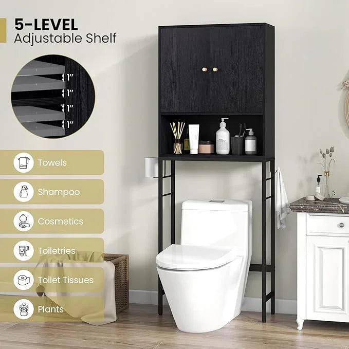 Giantex Over The Toilet Storage Cabinet, Bathroom Space Saver W/Toilet Paper Holder & Hook, Adjustable Shelf & Bottom Bar, Open Storage Cube, Over Toilet Bathroom Organizer for Laundry, Restroom - ModernBath
