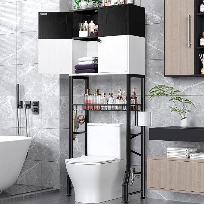 Over the Toilet Storage Cabinet - Freestanding Bathroom Organizer Shelf with Doors, Black & White Over the Toilet Shelves that Separates Wet and Dry Areas, Privacy Protection Above Toilet Storage Rack - ModernBath