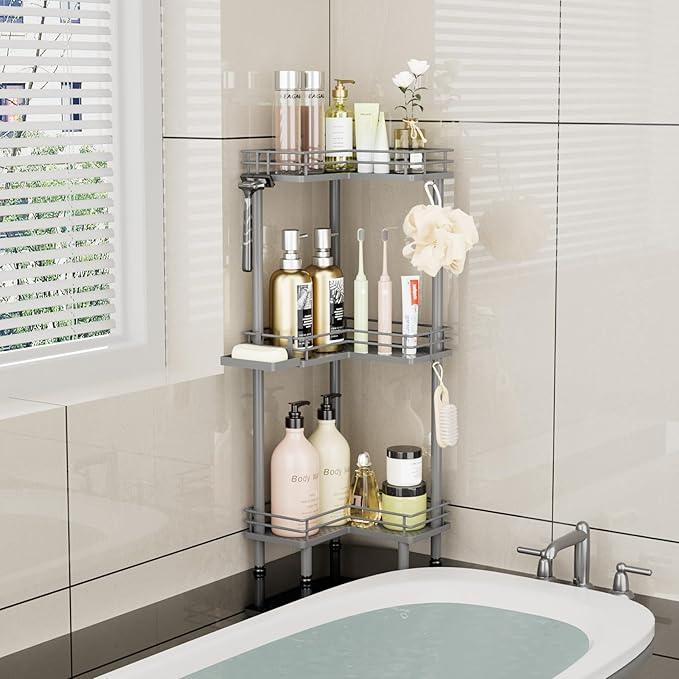 Consumest Corner Shower Caddy Standing - 3-Tier Stainless Steel Shower Organizer with Soap Holder and 4 Hooks, Large Capacity Corner Shelf Stand for Bathroom, Rest Room, Grey - ModernBath