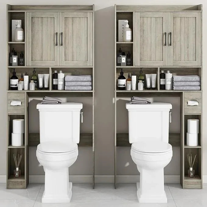 Farmhouse Storage Cabinet Over Toilet with 2 Barn Doors & Toilet Paper Holder Stand, Space-Saving Bathroom Rack - ModernBath