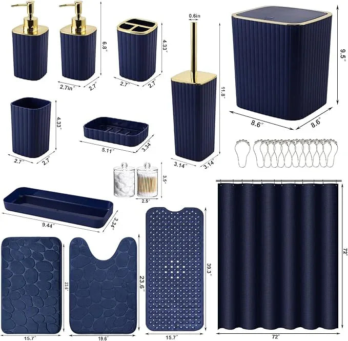 XLHOMO 26PC Bathroom Accessories Set - Gorgeous Blue Bathroom Set, Bathroom Accessory Set, Navy Blue Shower Curtain Set with Bathtub Mats for Shower Tub - ModernBath