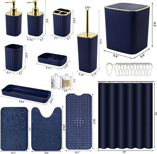 XLHOMO 26PC Bathroom Accessories Set - Gorgeous Blue Bathroom Set, Bathroom Accessory Set, Navy Blue Shower Curtain Set with Bathtub Mats for Shower Tub - ModernBath