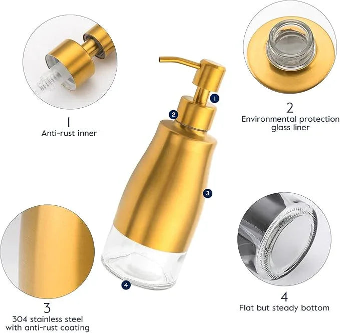 Gaussra Soap Dispenser with Coaster and Stickers, Brushed Gold Stainless Steel Glass Hand Pump Dispenser, Anti Rust Bottle, for Kitchen & Bathroom Detergent Bottle，Refillable Hand Liquid Dispenser - ModernBath