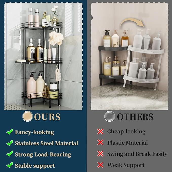 Consumest Corner Shower Caddy Standing - 3-Tier Stainless Steel Shower Organizer with Soap Holder and 4 Hooks, Large Capacity Corner Shelf Stand for Bathroom, Rest Room, Black - ModernBath