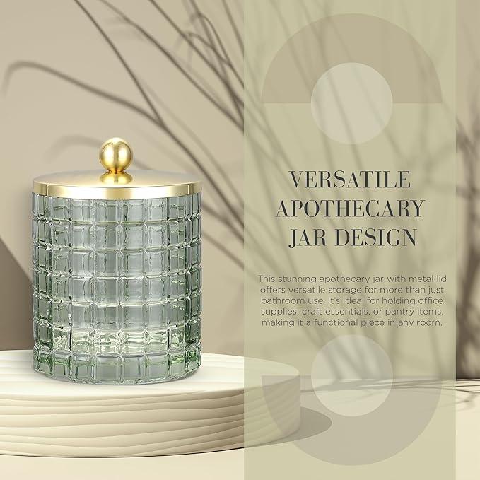 Indecor Home Sage Colored Tranlucent Apothecary Etched Geometric Grid Glass Jar W/Gold Metal Lid Cover for Bathroom Organization, Cotton Balls, Q Tips, and Small Accessories, Bathroom Storage - ModernBath