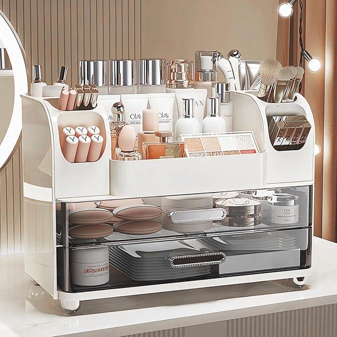 Makeup Organizer with Drawers for Vanity,Bathroom Countertop Organizer with Brushes Holder,Skincare Storage Organizer,Perfect Cosmetic Display Case for Skincare,Lipstick and Beauty Essential (White) - ModernBath