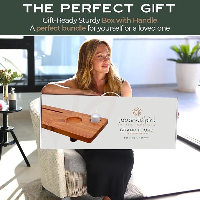 Grand Fjord | Teak Bathtub Tray for Large Soaking Tub | Extra Long 35” Luxury Bath Caddy for Freestanding Tubs | Minimalist Wooden Tub Tray with Candle Holders & Premium Towel by JapandiSpirit - ModernBath
