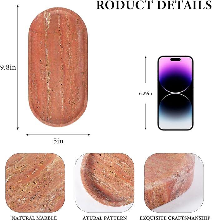Koville Turkish Red Travertine Tray, 10" x 5" Vanity Decorative Marble Tray for Bathroom, Home Décor Trays for Countertop Organizer, Catchall Trays for Perfume, Candles, Jewelry - ModernBath