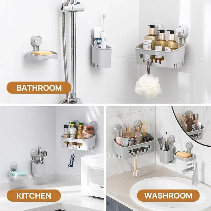 LEVERLOC Shower Caddy Suction Cup Set Shower Organizer & Soap Holder & Toothbrush Holder, Bathroom Shelf Basket NO-Drilling, Removable Suction Storage Waterproof Bathroom Caddy, Gray - ModernBath