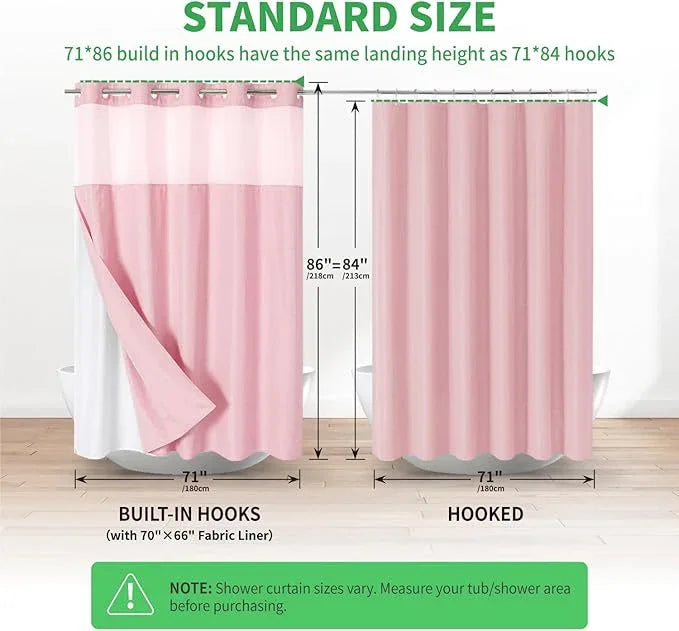 eachope Extra Long No Hooks Needed Linen Textured Shower Curtain with Snap-in Fabric Liner Set,White Hotel Luxury Decor Shower Curtains for Bathroom,Waterproof & Washable,71Wx86H,Pink - ModernBath