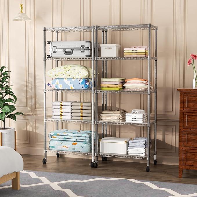 SINGAYE 5 Shelves Storage Shelf Wire Closet Bathroom Organizers Metal Pantry Kitchen Garage Shelving Unit Laundry Room Organization Home Rack Net Basket White with Wheels - ModernBath