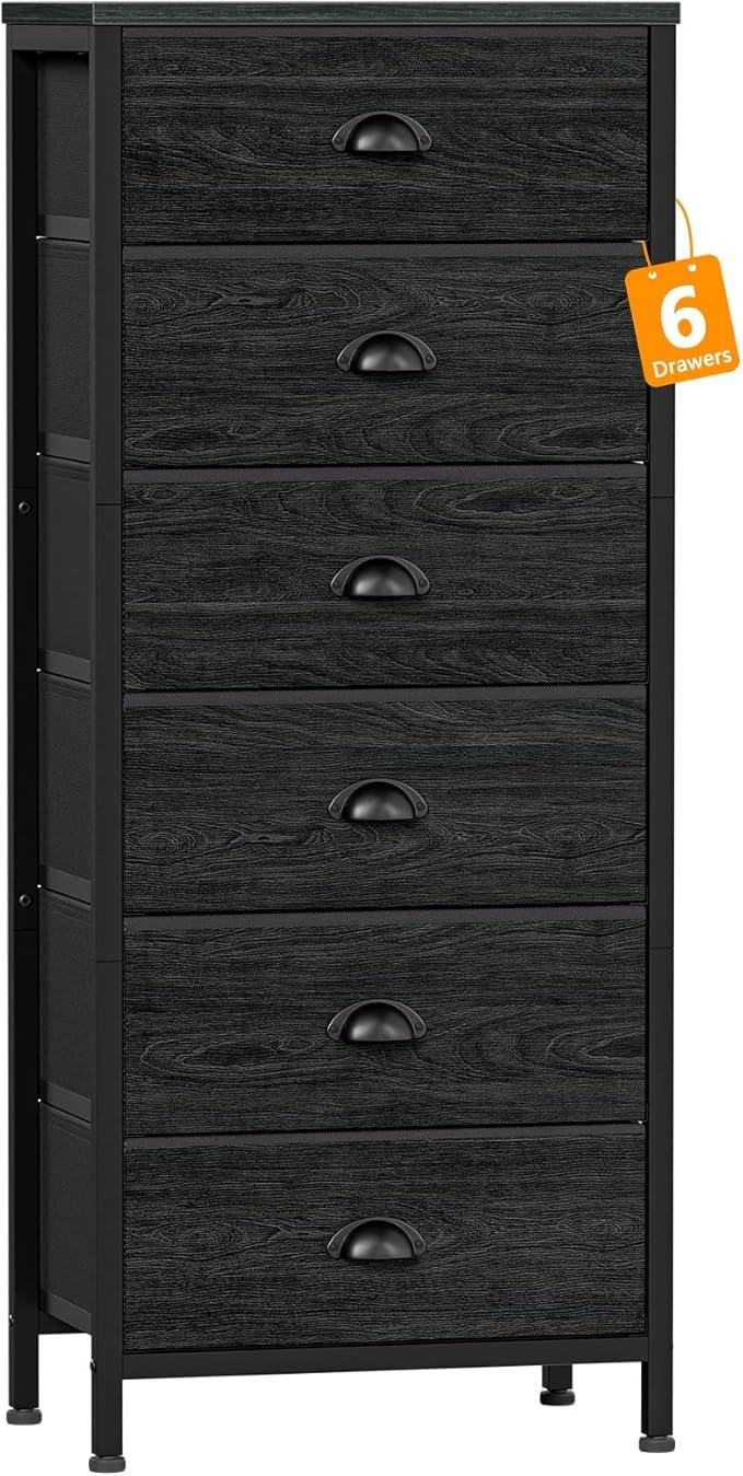 Furnulem Tall Dresser with 6 Drawers,Vertical Bedside End Table & Chest for Bedroom,Black Storage Tower Dorm Nightstand with Fabric Drawer Organizer Unit Furniture in Living Room,Closet,Hallyway - ModernBath