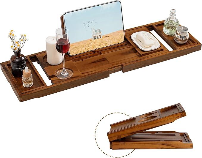 Teak Bathtub Tray, Luxury Bath Table Tray with Wine Glass and Phone Holders & Book Stand, Foldable Wooden Bathtub Caddy for Home Spa Relaxation, Bath Gift for Women（Natural Teak） - ModernBath