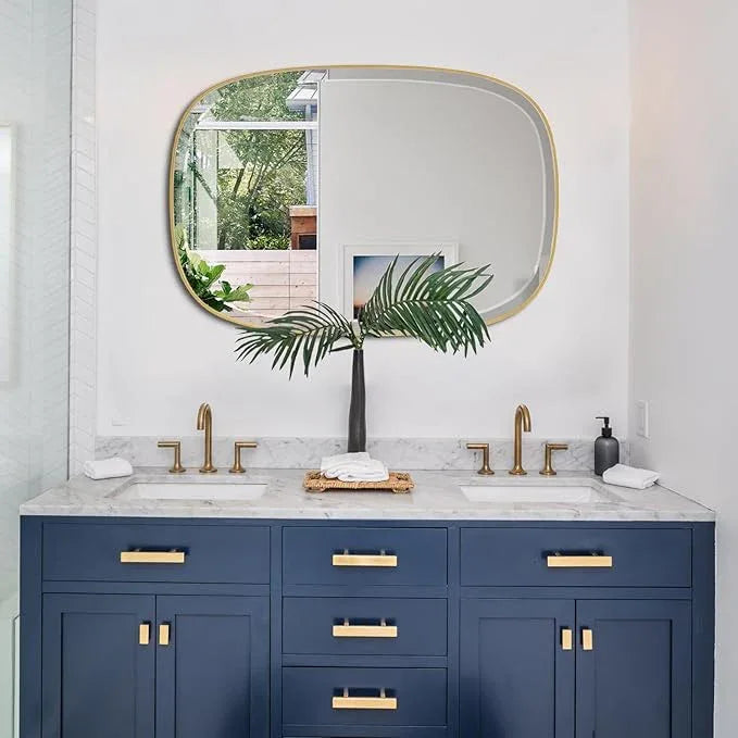 POZINO Brushed Gold Mirror, 20"x30" Brass Beveled Mirrors for Bathroom, Rounded Rectangle Mirror, Modern Vanity Wall Mirrors in Premium Stainless Steel Frame Hangs Horizontal Or Vertical - ModernBath