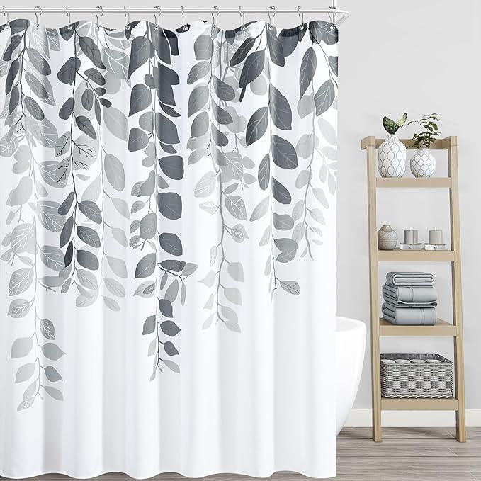 BOODII Exera Long Shower Curtain 72x84, Grey Eucalyptu Shower Curtain for Bathroom Floral Watercolor Leaves Botanical Nature Fabric Bath Curtains Country Plant Cloth - ModernBath