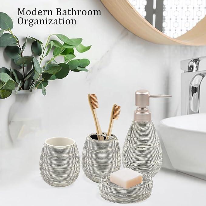 CERBIOR Bathroom Accessories Set,4 Pcs Ceramic Bathroom Decor Accessory,Includes Toothbrush Holder, Toothbrush Cup, Soap Dish for Decorative Countertop and Housewarming Gift(Grey 4pcs) - ModernBath