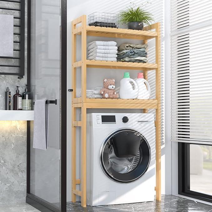 Homykic Over The Toilet Storage, 3-Tier Bamboo Bathroom Shelf with 3 Hooks, Above Toilet Organizer Rack Freestanding for Small Space, Restroom, Laundry, Easy Assembly, Natural - ModernBath