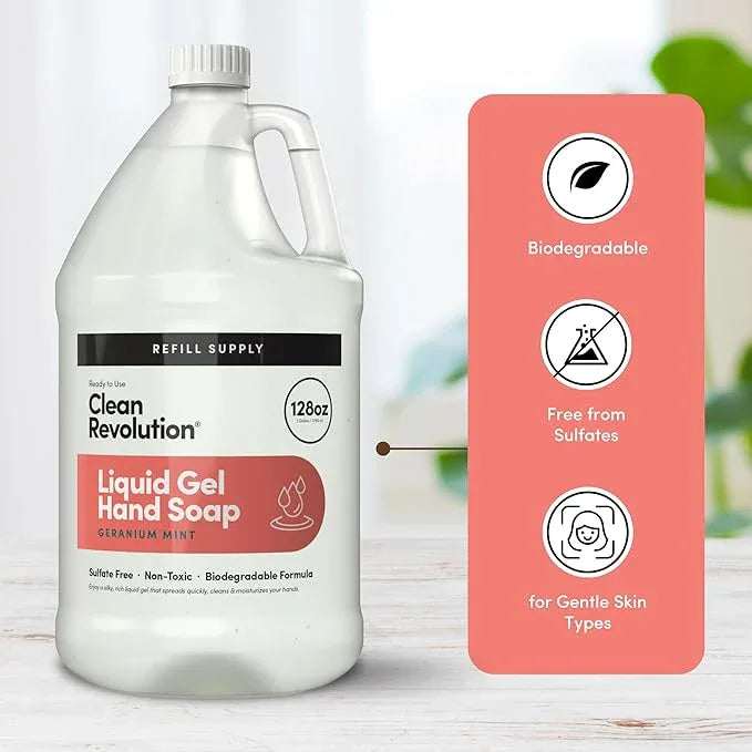 Clean Revolution Liquid Gel Hand Soap, Silky Rich Liquid, Quick Lather, Fast Rinsing, Contains Real Essential Oils (Geranium Mint) 128 Fl Oz - ModernBath