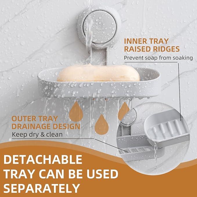 LEVERLOC Soap Dish Holder for Shower Suction Cup Wall Mounted Self Draining NO-Drilling Removable Bar Soap Sponge Holder for Bathroom Bathtub Kitchen Sink Waterproof Strong Vacuum Suction, Grey - ModernBath