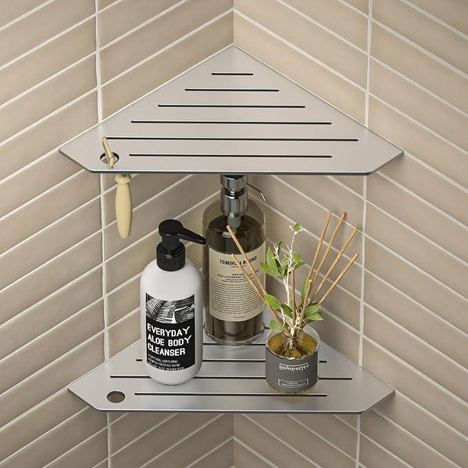 Corner Shower Shelves, Pentagonal Grout in Shelf w/Razor Holding Hole, 304 Stainless Steel Bathroom Shelf (Brushed) - ModernBath