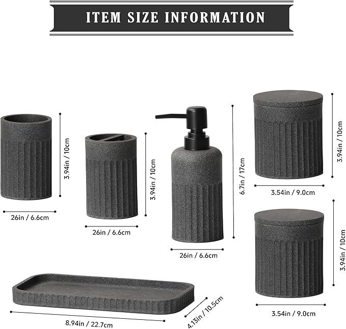 INIUNIK Bathroom Accessory Set - 6 Pieces Bathroom Accessories Set Complete with Soap Dispenser, Toothbrush Holders, Tumbler, Vanity Tray and 2 Qtip Holder for Home Organizer and Decor, Dark Grey - ModernBath