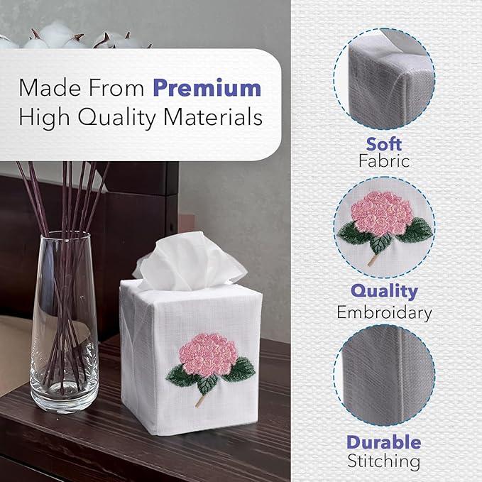 Jacaranda Living Square Tissue Box Cover, Linen/Cotton Fabric Tissue Holder, Decorative Cloth Tissue Cube Cover, Coastal Designs Seahorse & Shells, Coral - ModernBath