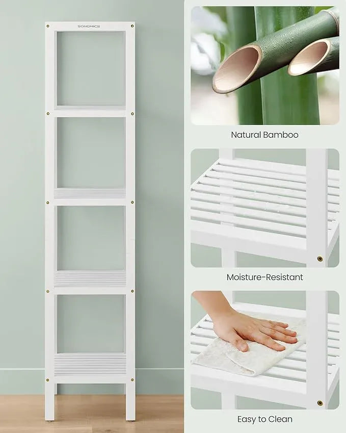 SONGMICS Bamboo Storage Shelf, 5-Tier Shelving Unit, Multifunctional, in The Entryway, Bathroom, Living Room, Balcony, Kitchen, 13 x 13 x 57.5 Inches, Cloud White UBCB055W01 - ModernBath