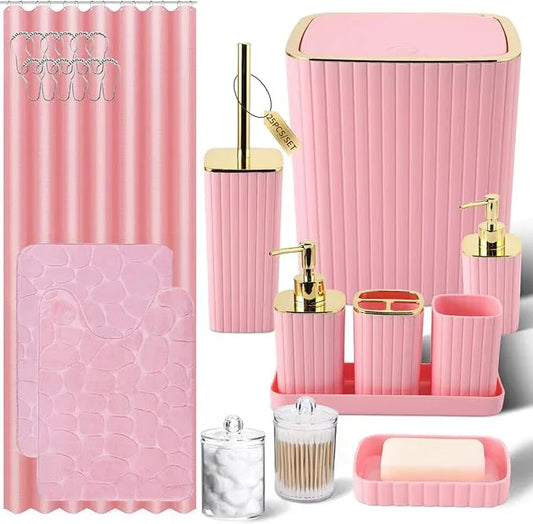 XLHOMO Pink Bathroom Set with Shower Curtain and Rugs- 25PC Bathroom Accessory Set, Pink Shower Curtain Set, Toilet Brush, Trash Can, Qtip Holder Dispenser & Soap Dispenser - ModernBath