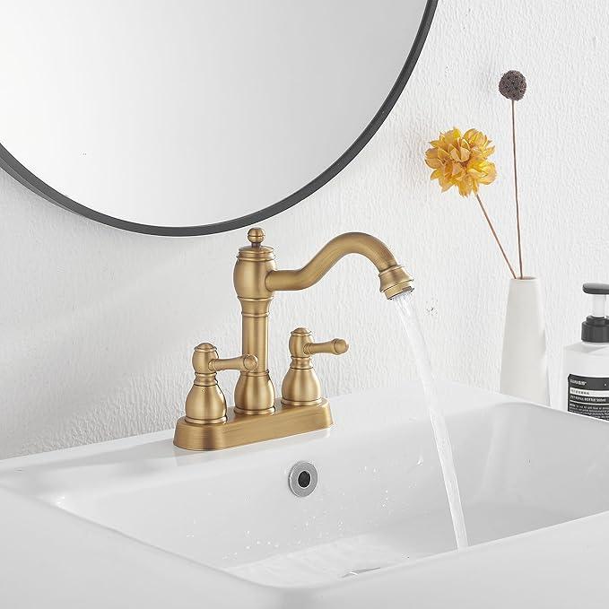 GGStudy Antique Brass Bathroom Faucet 2 Handles 4 Inches Centerset RV Bathroom Vanity Faucet with Drain Assembly and Supply Hose Lavatory Faucet - ModernBath