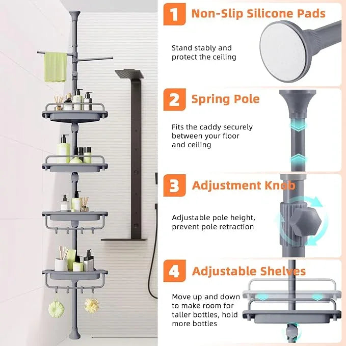 32-122inch Corner Shower Caddy Tension Pole Grey, Rustproof Drill-Free Shower Shelves for Bathroom Bathtub Washbasin, Adjustable Shower Organizer with 4 Tier Patent Stable Shelves & Towel Bars - ModernBath