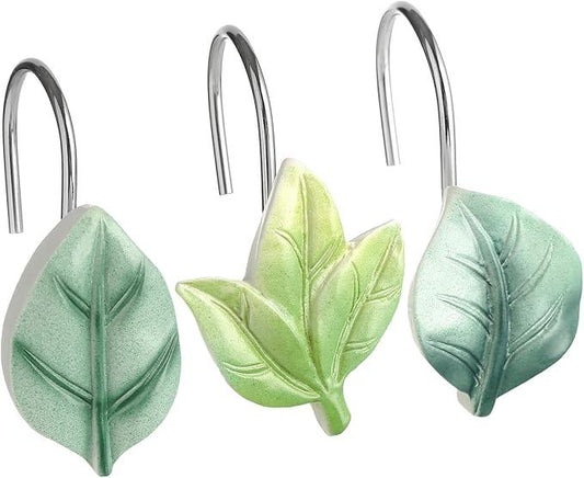 Gibelle 12PCS Leaves Shower Curtain Hooks, Green Plant Decorative Leaf Shower Curtain Hooks Metal Rustproof Cute Eucalyptus Shower Curtain Rings Bathroom Decoration Accessories - ModernBath