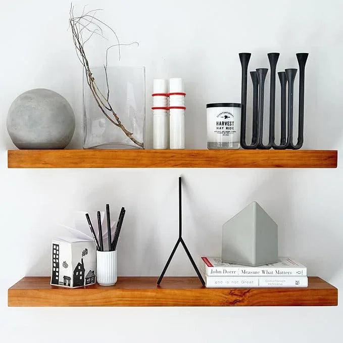 Homeforia Oak Floating Shelves 30 inch Long, High End Solid Real Wood 30inch Floating Shelves for Wall Mounted, Honey Oak Wooden 30in Floating Shelf, Heavy Duty Bracket, 30 X 6.5 X 1.75 in, Set of 4 - ModernBath