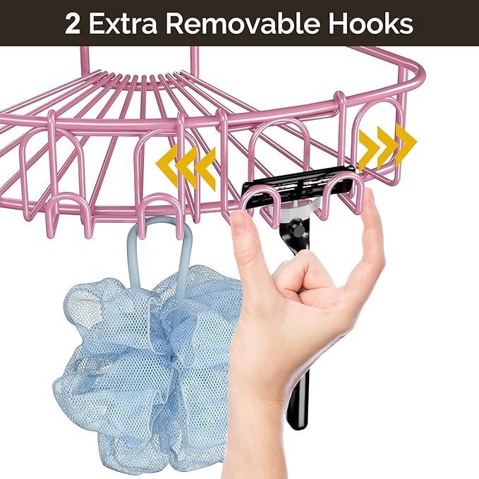 Orimade Corner Shower Caddy with 2 Hooks Wall Mounted Metal Bathroom Shelf Storage Organizer Adhesive No Drilling 2 Pack, Pink Only for 90-Degree Corner - ModernBath