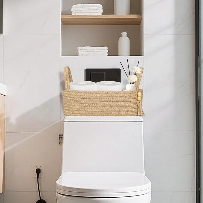 ABenkle Small Storage Basket for Toilet Tank Top - Jute Rope Woven Organizer with Handle, Boho Countertop Bathroom Decor, Toilet Paper Holder, 13x6x4 Inch - ModernBath