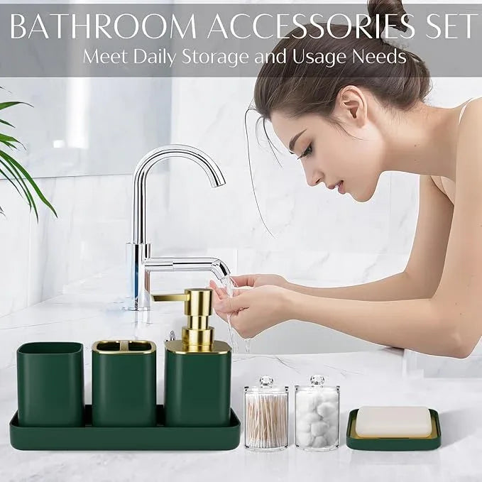 9PCS Bathroom Accessory Set, Dark Green Bathroom Set with Large-Capacity 4 Gallon Trash Can, Bathroom Accessories Set Complete, Toothbrush Holder, Soap Dispenser, Toilet Brush, Bathroom Decor - ModernBath