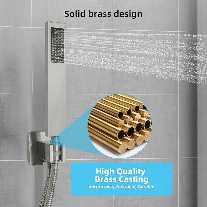TENIGXT Bathroom Shower Faucet Set，10 Inch Rain Shower Head with Handheld Spray，Brass Shower Valve Trim Kit，Wall Mounted Square Rain Shower System (Brushed Nickel) - ModernBath