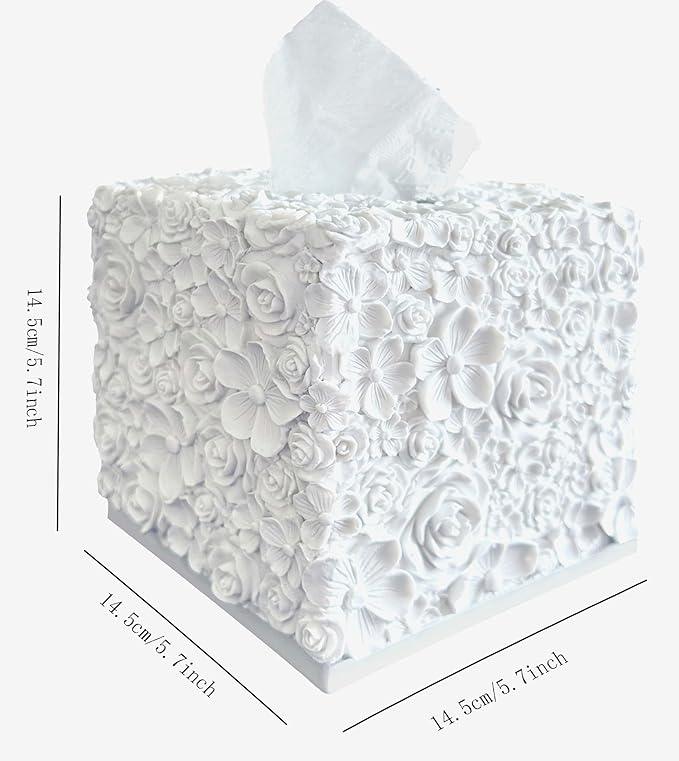 Huitony Square Tissue Box Cover Decorative Kleenex Box Holder for Bathroom & Living Room with Handcrafted Texture (Rose White) - ModernBath