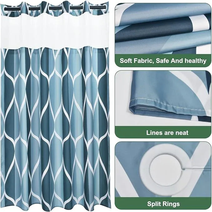 Yiatn No Hook Aegean Blue Shower Curtain with Snap in Fabric Liner Set - Hotel Style with See Through Mesh Top Window, Modern Geometric Waterdrop Design,Waterproof and Washable, 71x74 INCH - ModernBath
